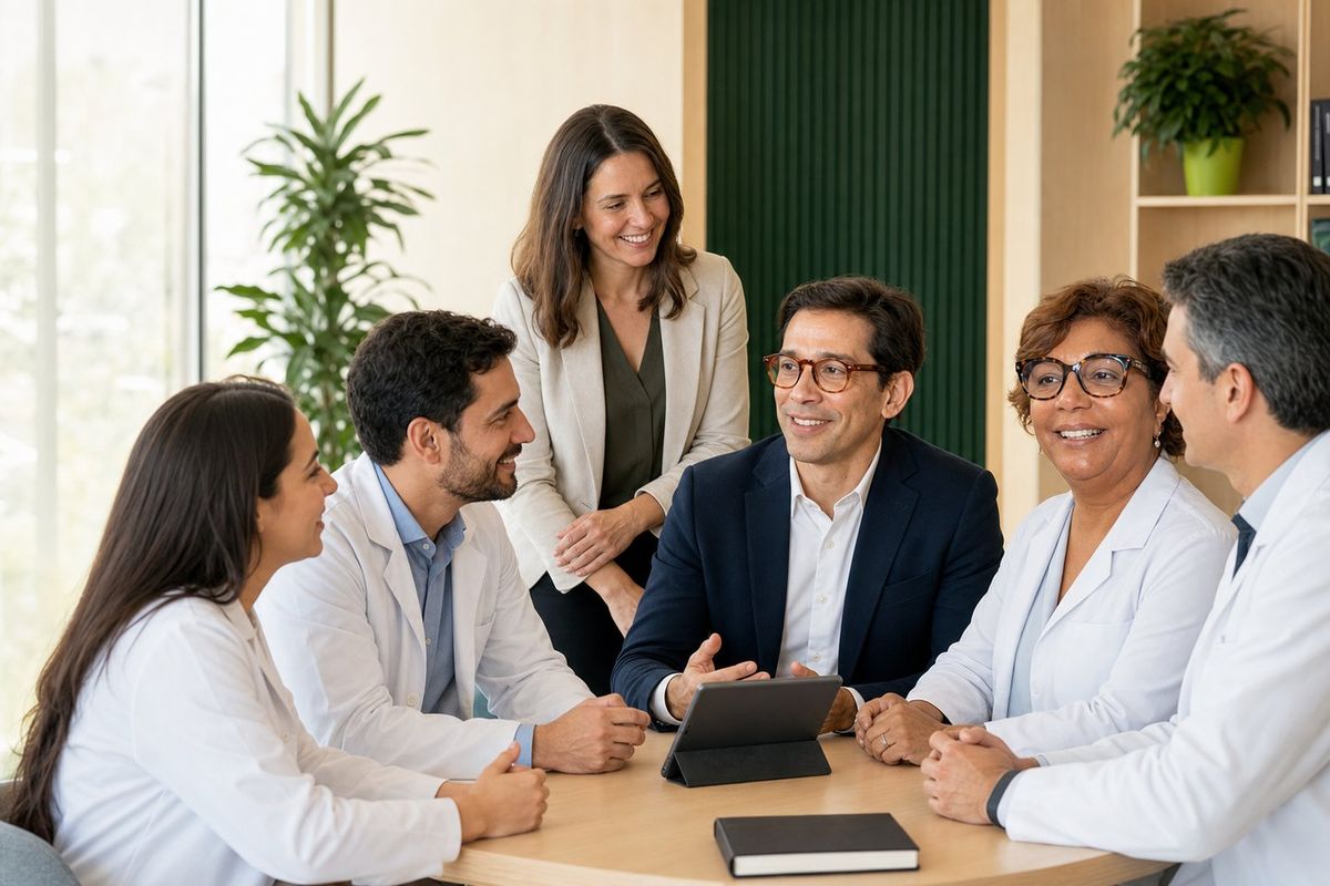 Seis médicos e profissionais da saúde reunidos em volta de uma mesa, discutindo um caso com um tablet.